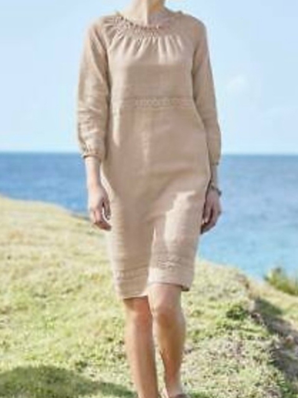 J. Jill Love Linen Dress Women Sz M Beige Sheath 100% Linen Embroidered Ruched